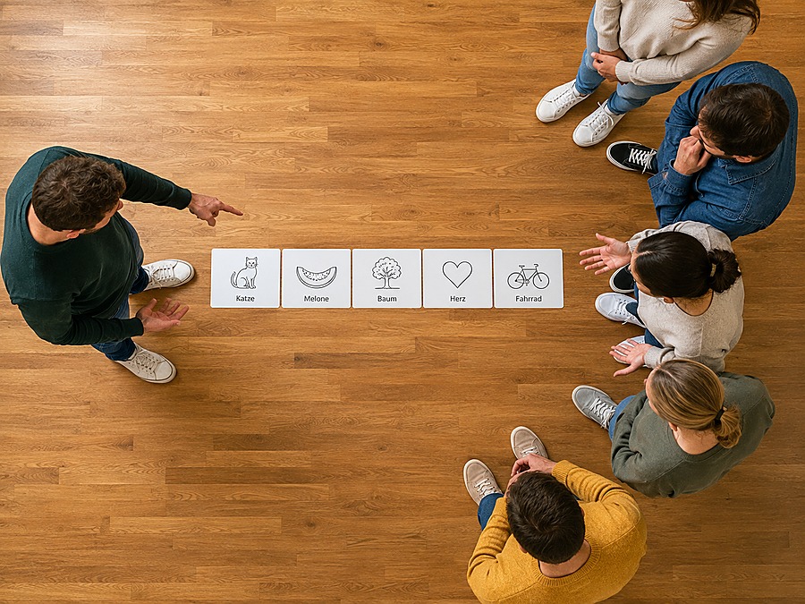 Eine Person zeigt auf die gelegte Ordnung und erklärt sie der Gruppe